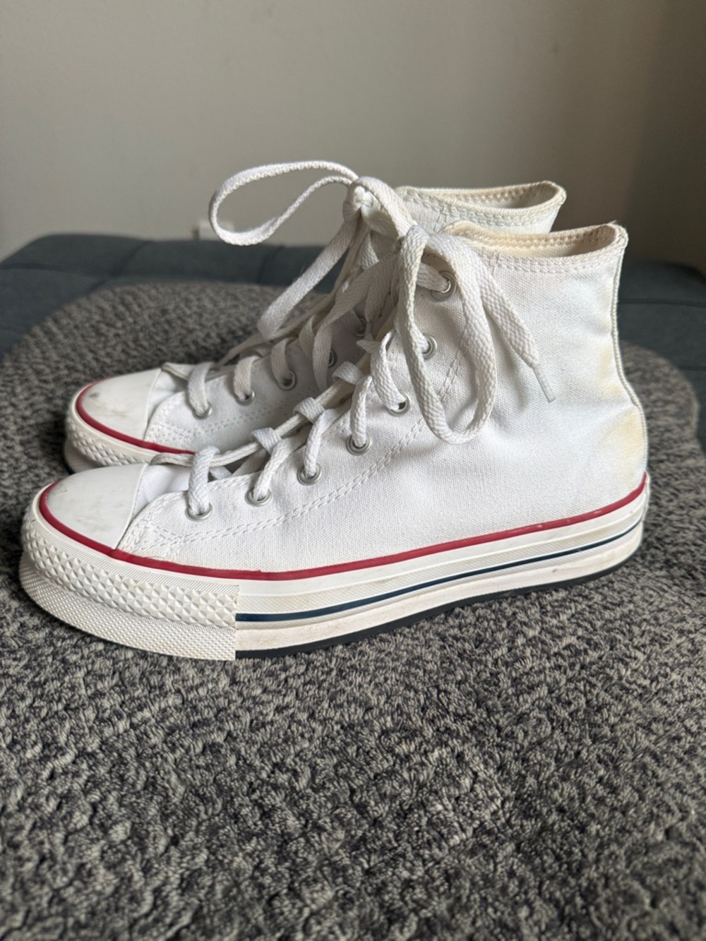 Converse White High-Top Sneakers with Red and Navy Stripe